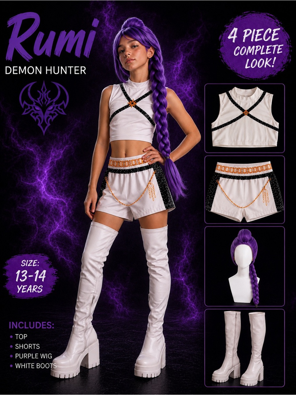 💜🖤 HIDLY RUMI DEMON HUNTER COSTUME + WIG + BOOTS 🖤💜